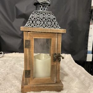 Wood Brown/black/Silver Lantern W/Electric Candle 12.5 X 5